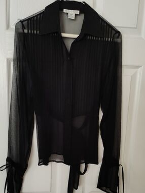 White House Black Market Black Sheer Button-Up Silk Blouse with Tie Cuffs